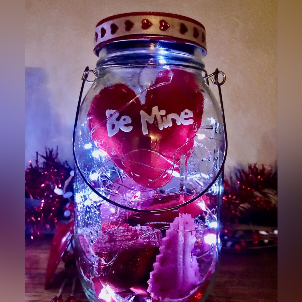 Handcrafted Love hearts mason jar solar lighted lantern with conversation heart